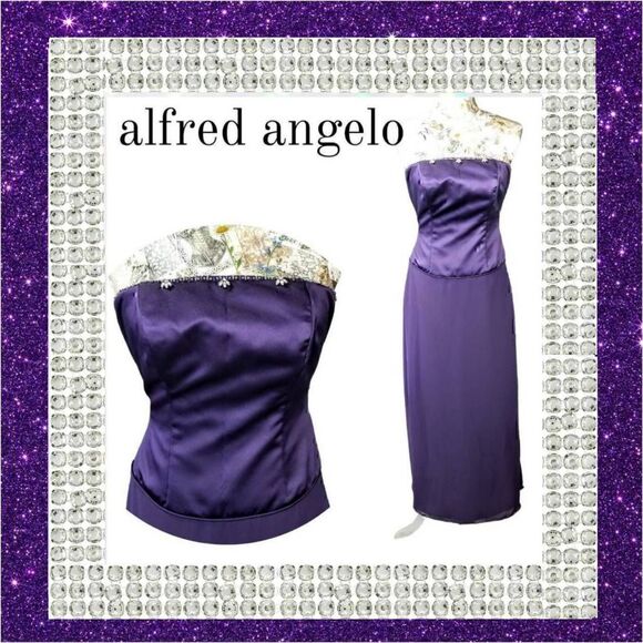 Formal Rhinestone Embellished Bodice  Strapless Purple Satin Long Gown Dress - Picture 2 of 11